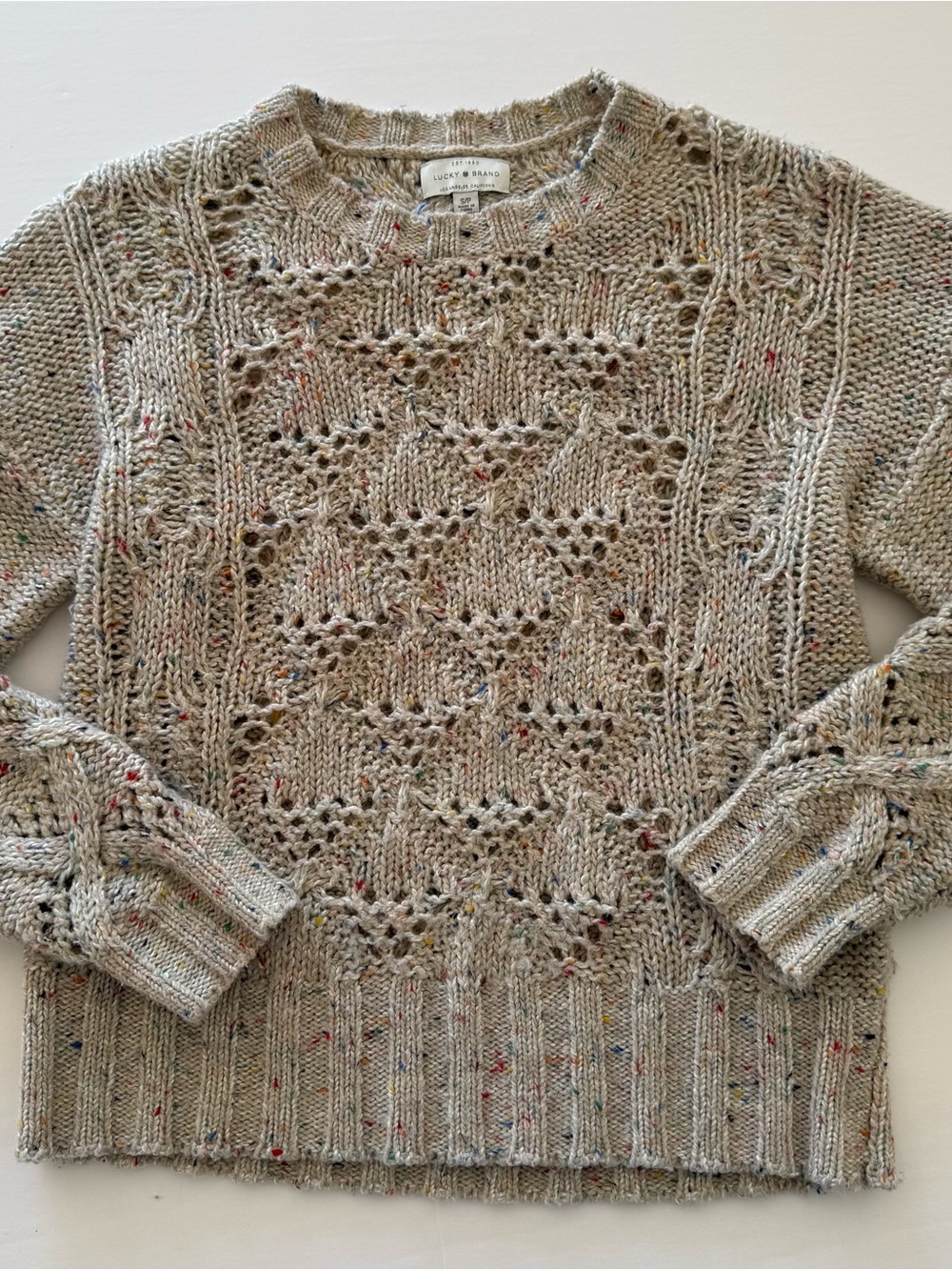 Lucky Brand Women’s Open Stitch Chunky Knit Sweater Sz S Oatmeal Fleck